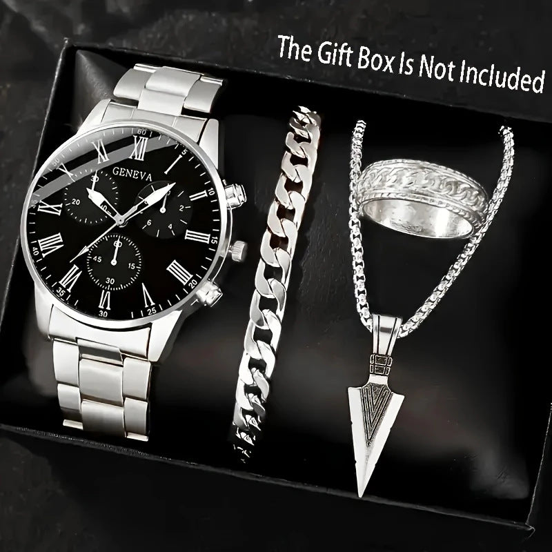 Mens Quartz Watch Necklace  Bracelet And Ring 4-Piece Set